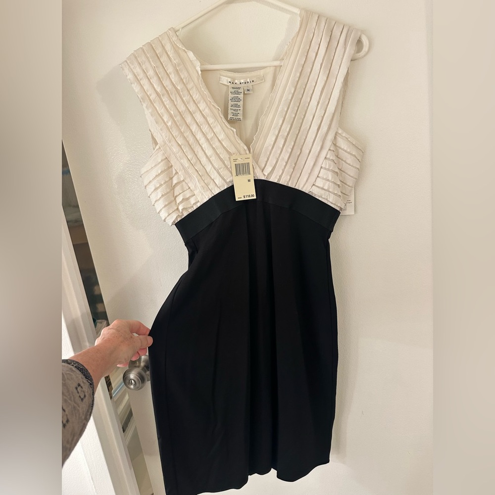 NWT- Max Studio Black and White Stretch Dress with Ruffle Top